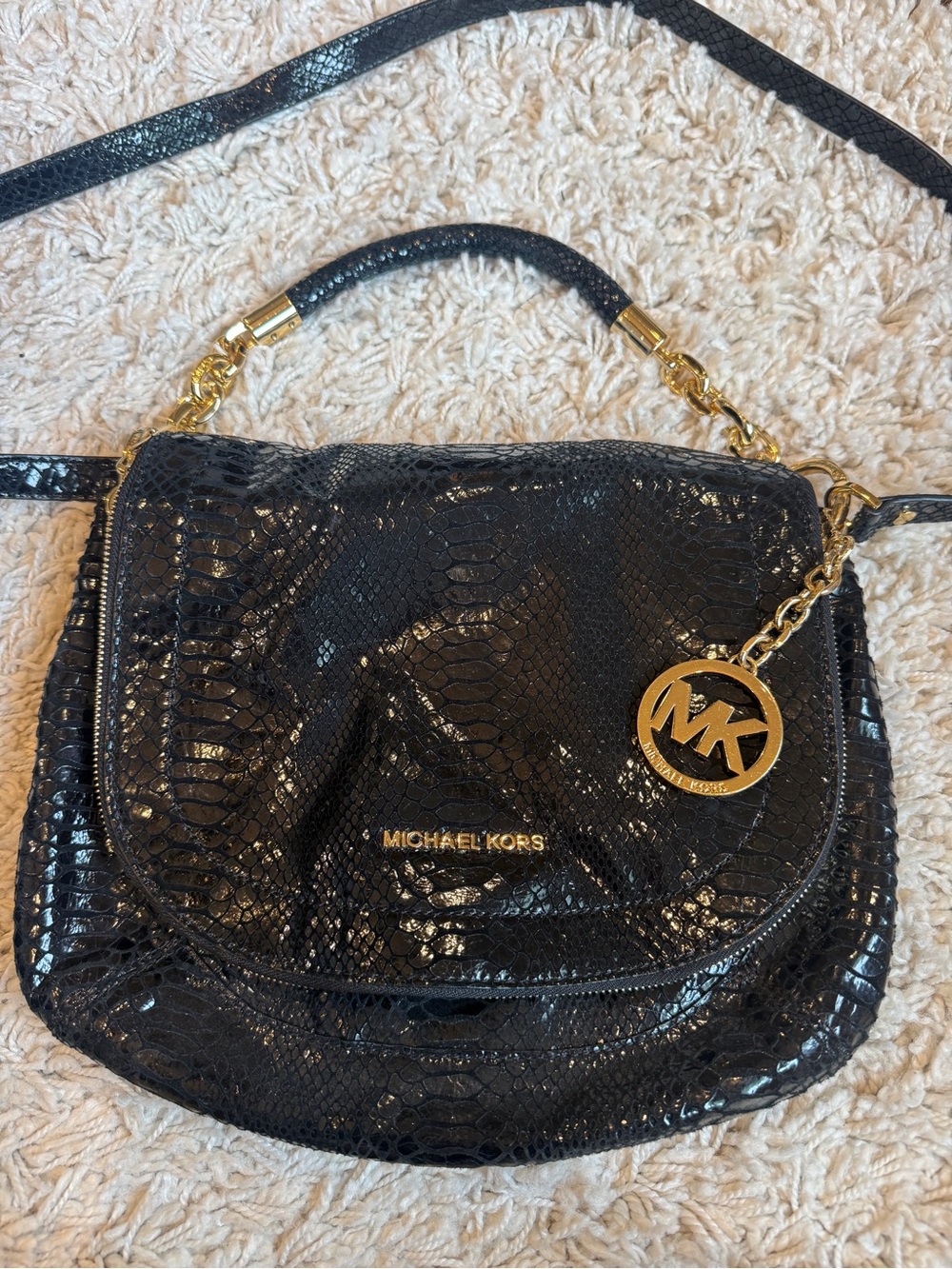Michael Kors Black Croc-Embossed Shoulder Bag with Gold MK Charm